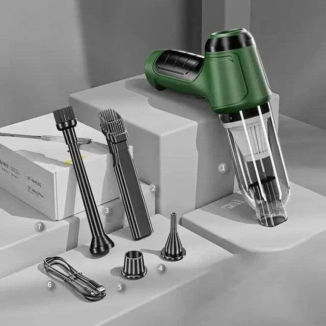 Green cordless car vacuum and included nozzle attachments