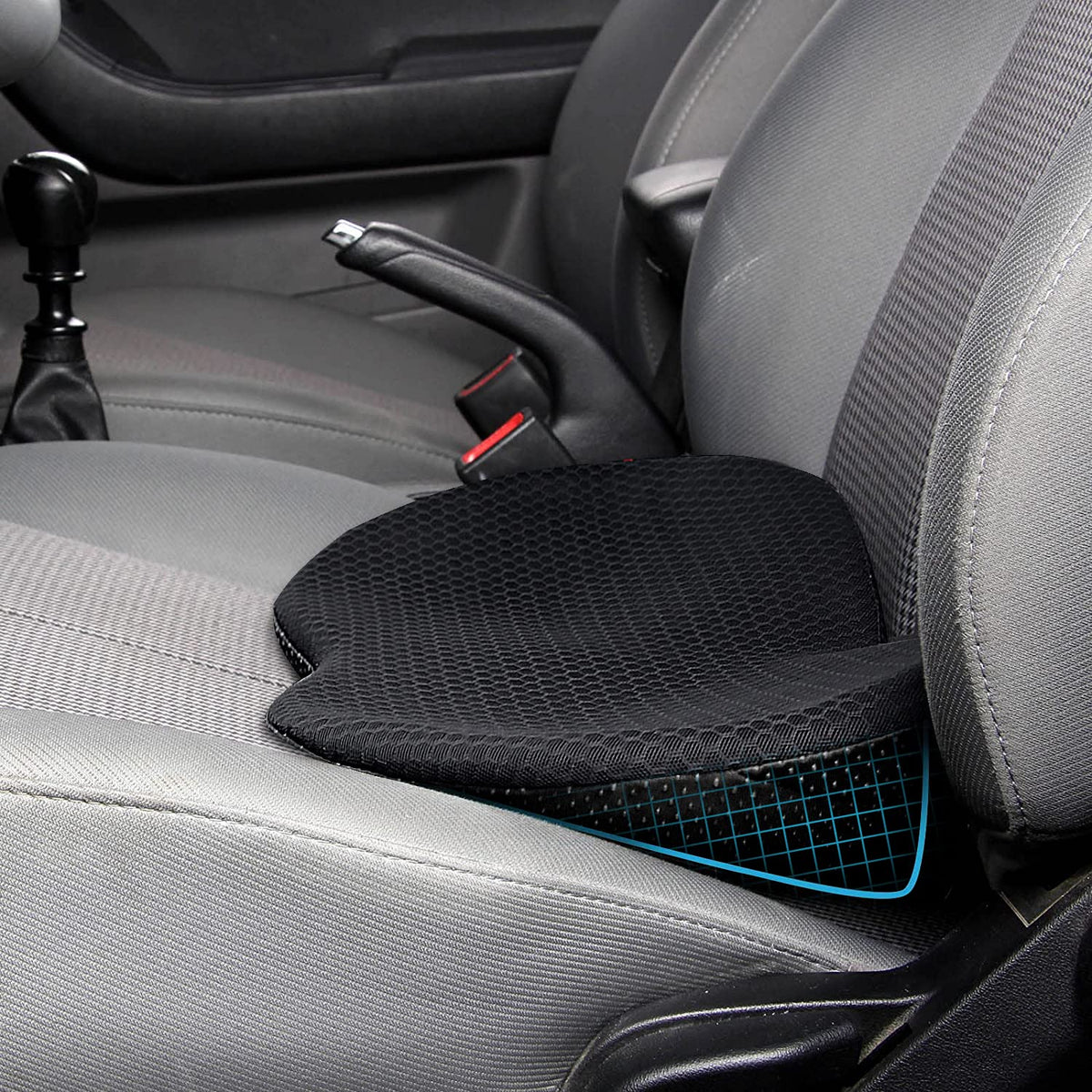 Black and blue support cushion positioned on a car seat
