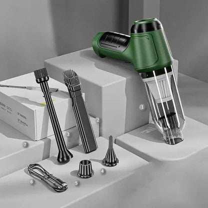 Green cordless car vacuum and included nozzle attachments