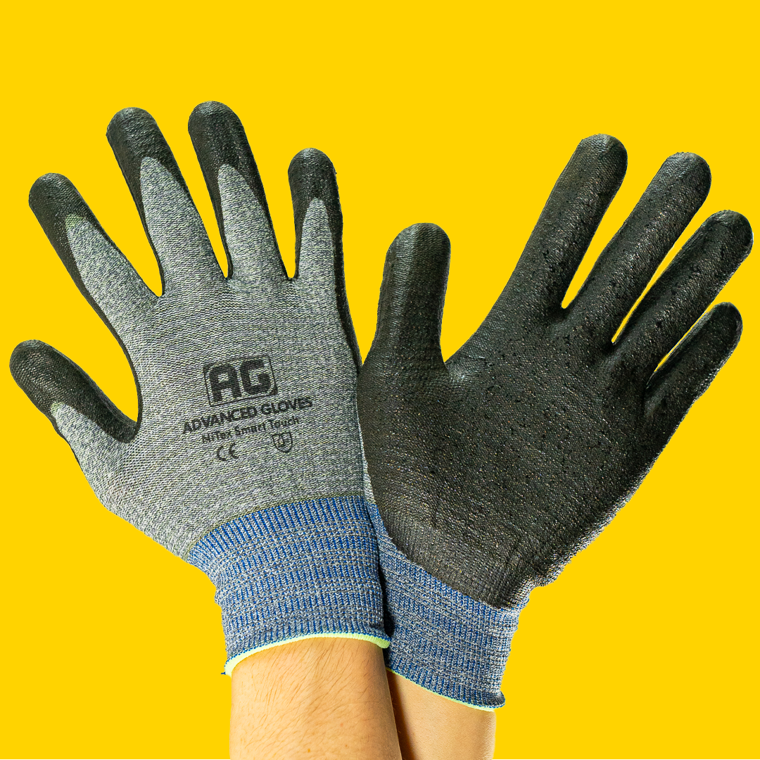 Grey touchscreen work gloves showing palm and back