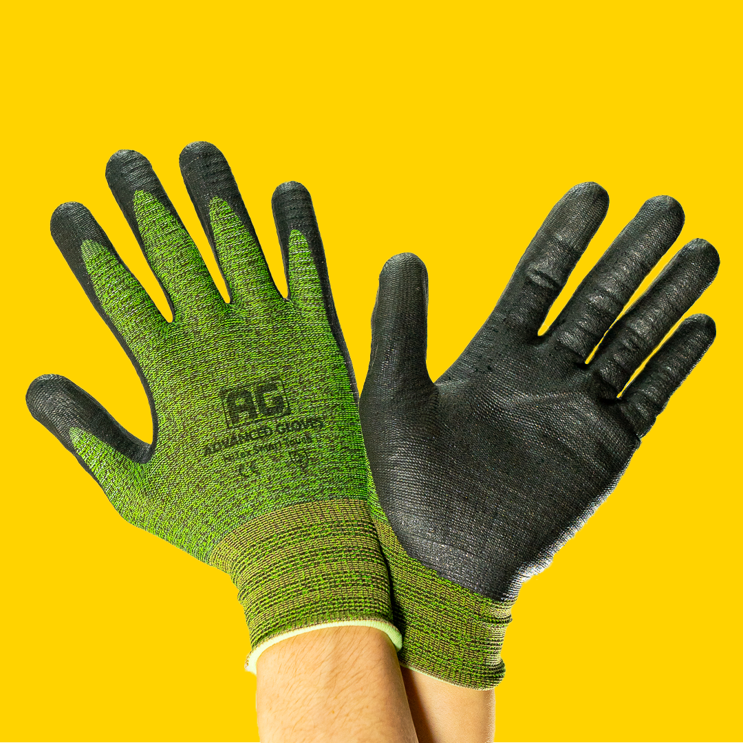 Green touchscreen work gloves showing palm and back