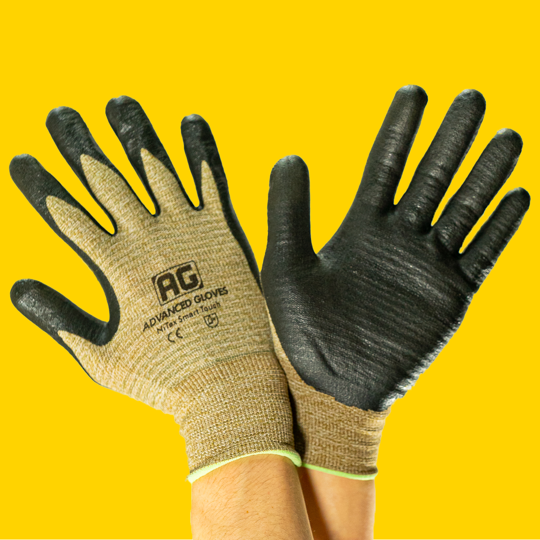 Khaki touchscreen work gloves showing palm and back