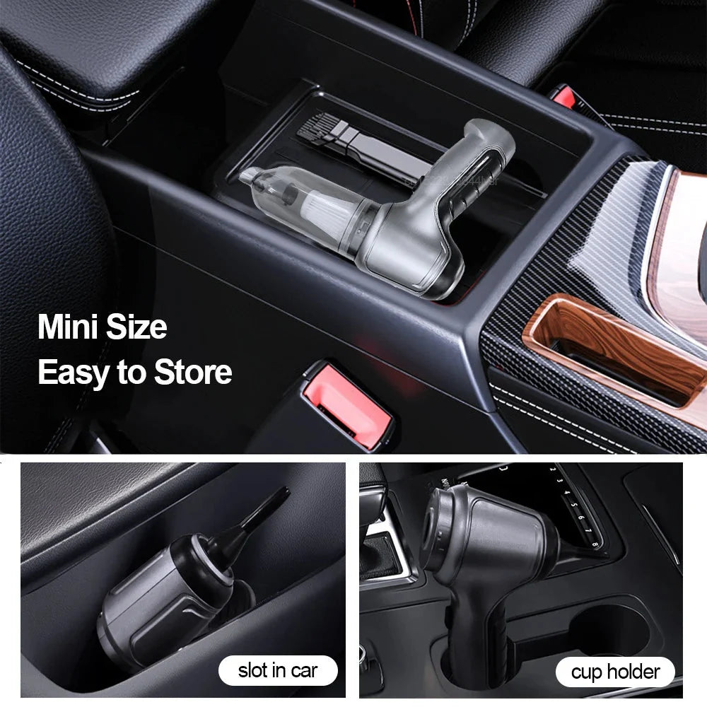 Compact cordless vacuum stored in a car console